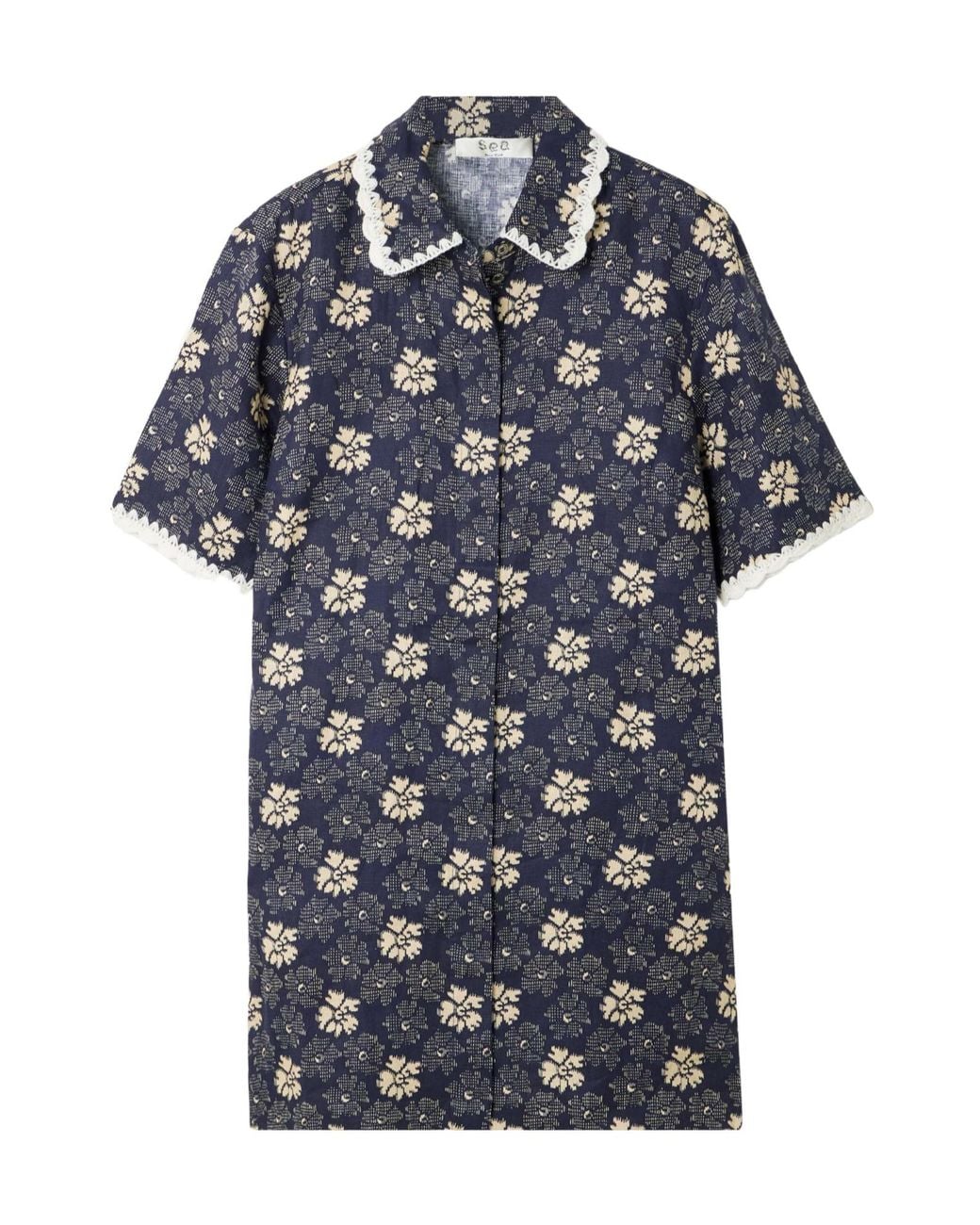 Sea Blue Printed Linen Mini Dress