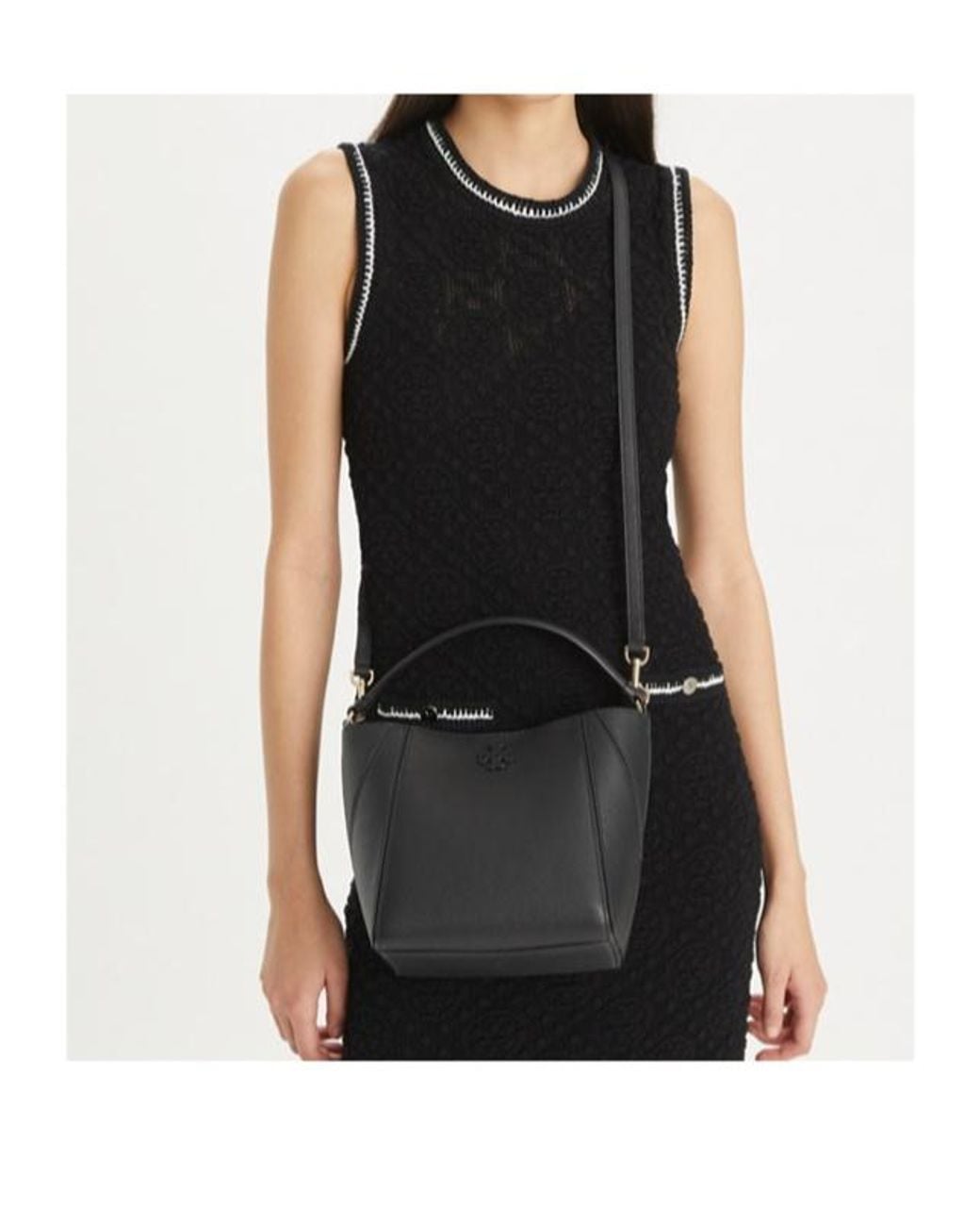 Tory Burch Black Small Mcgraw Logo Plaque Bucket Bag