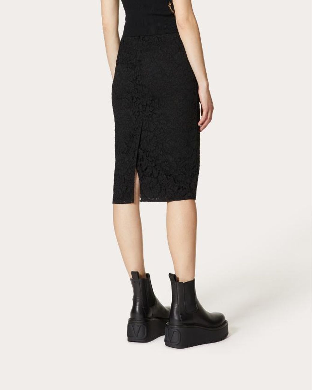 Valentino Black Lace-Overlay Mid-Length Skirt