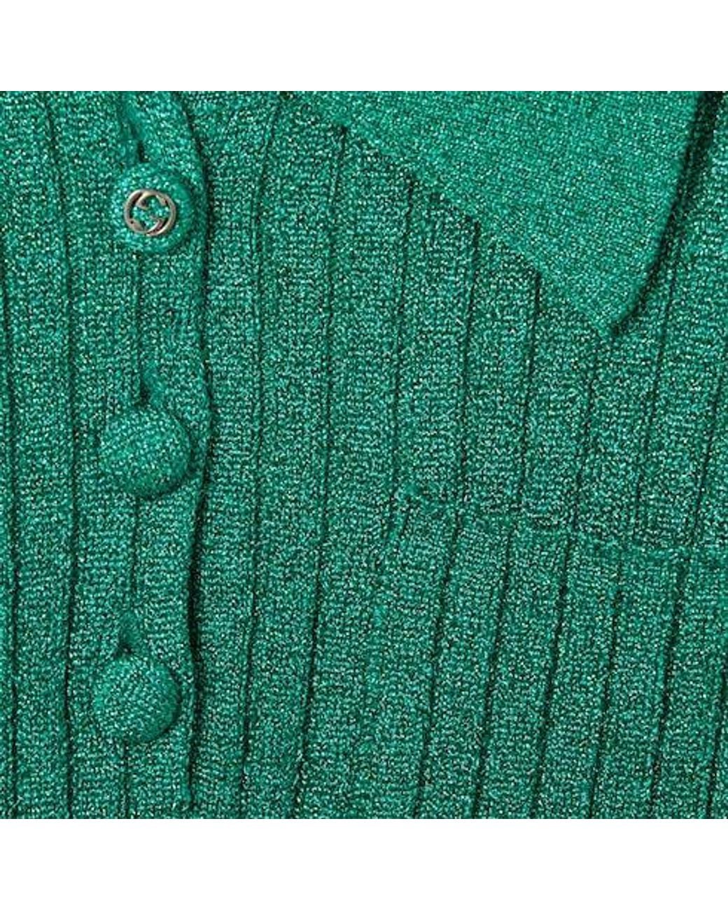 Gucci Green Ribbed-Lamé Cropped Polo Shirt