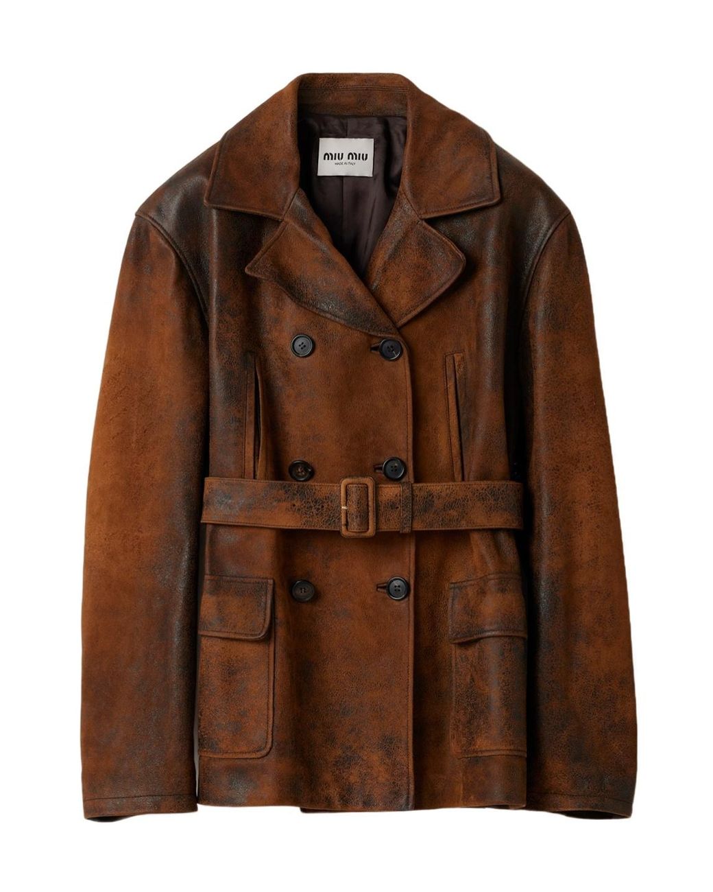 Miu Miu Brown Double-Breasted Waxed Suede Caban Jacket