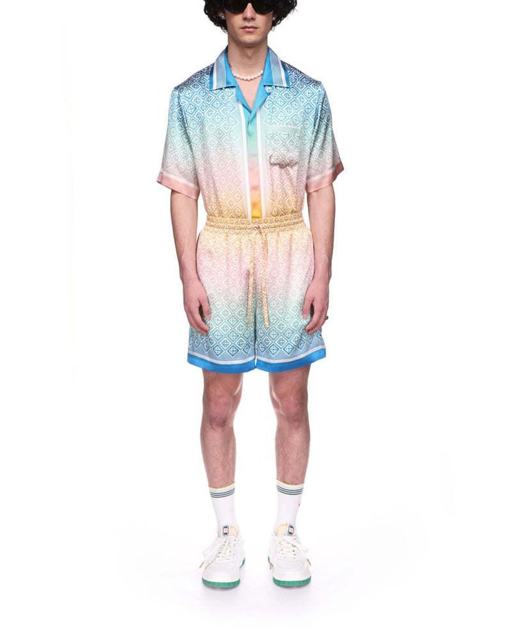 Casablanca Blue Mid-Rise Monogram-Printed Deck Shorts for men