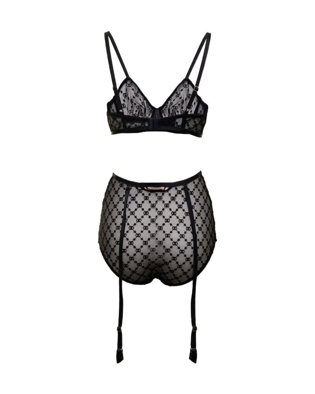 Gucci Black Gg Star Embroidered Tulle Lingerie Set