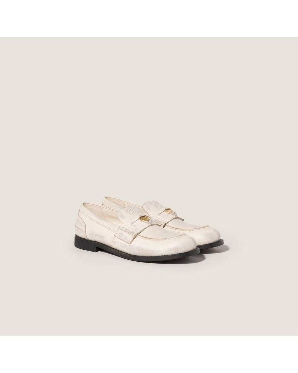 Miu Miu White Vintage-Effect Leather Penny Loafers