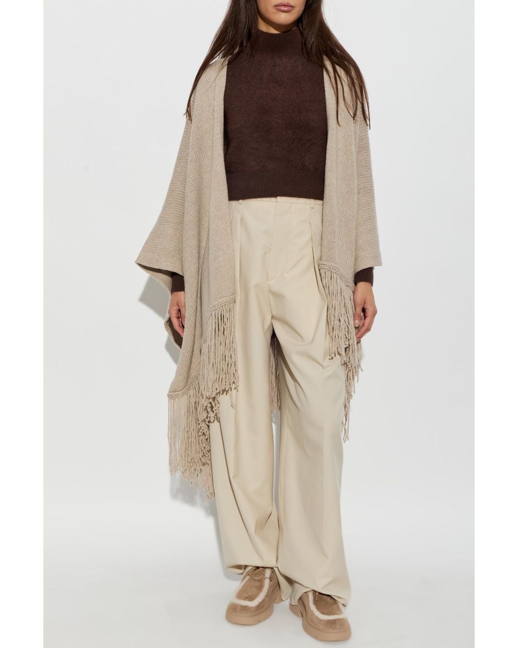 Max Mara Natural Bacini Fringed Knit Cape