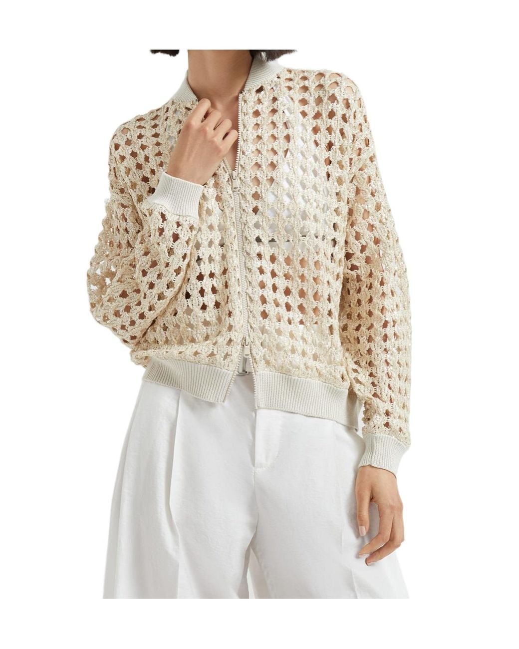 Brunello Cucinelli White Crochet-Knit Zip-Up Jacket
