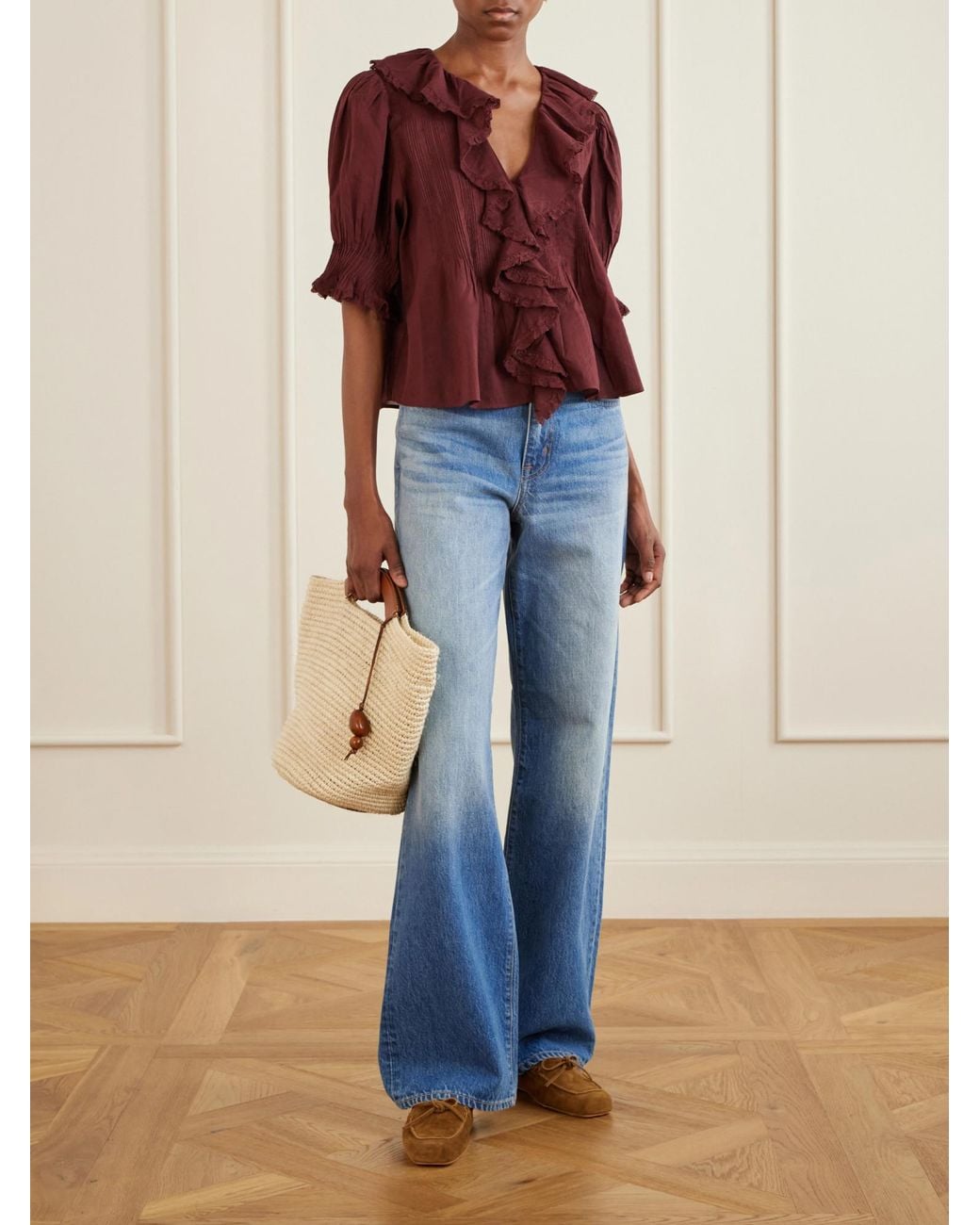 Doen Shirred Lace-Trimmed Organic Cotton Blouse