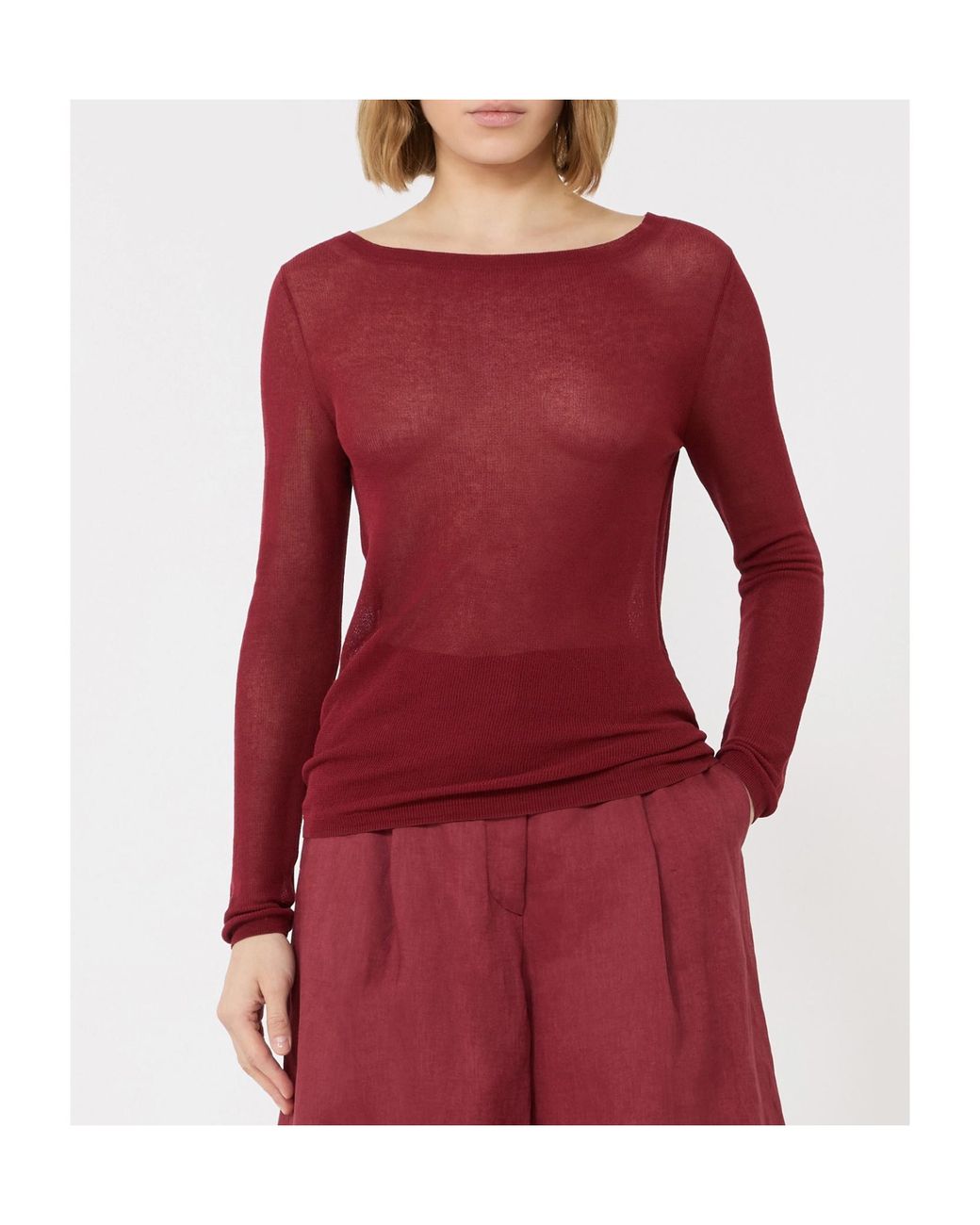 Max Mara Red Studio Sheer Boat-Neck Knitted Top