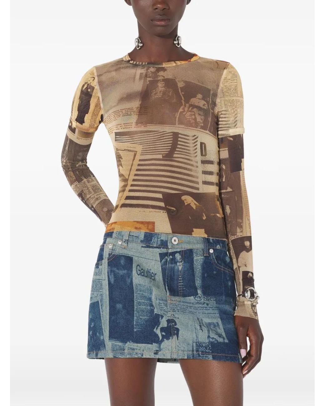 Jean Paul Gaultier Multicolor Mesh Newspaper Print T-Shirt