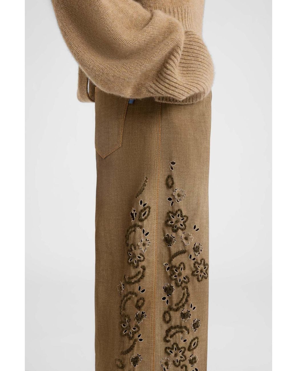 Ermanno Scervino Natural Floral-Embroidered Wide-Leg Trousers