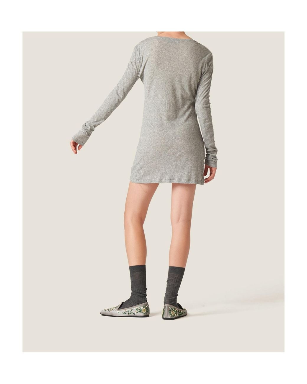 Miu Miu Gray Ribbed Knit Jersey Dress
