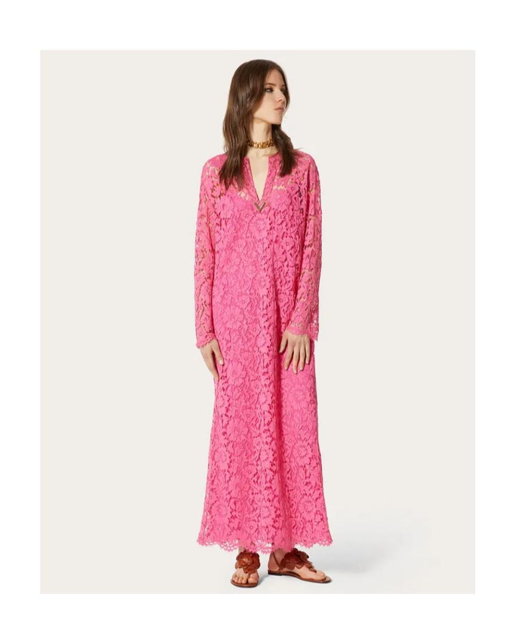 Valentino Pink Floral-Lace Longsleeved Dress