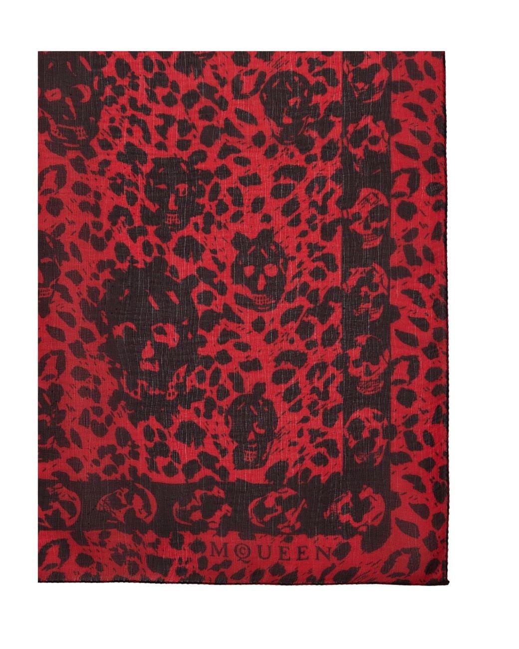 McQueen Red Leopard Print Skull Scarf