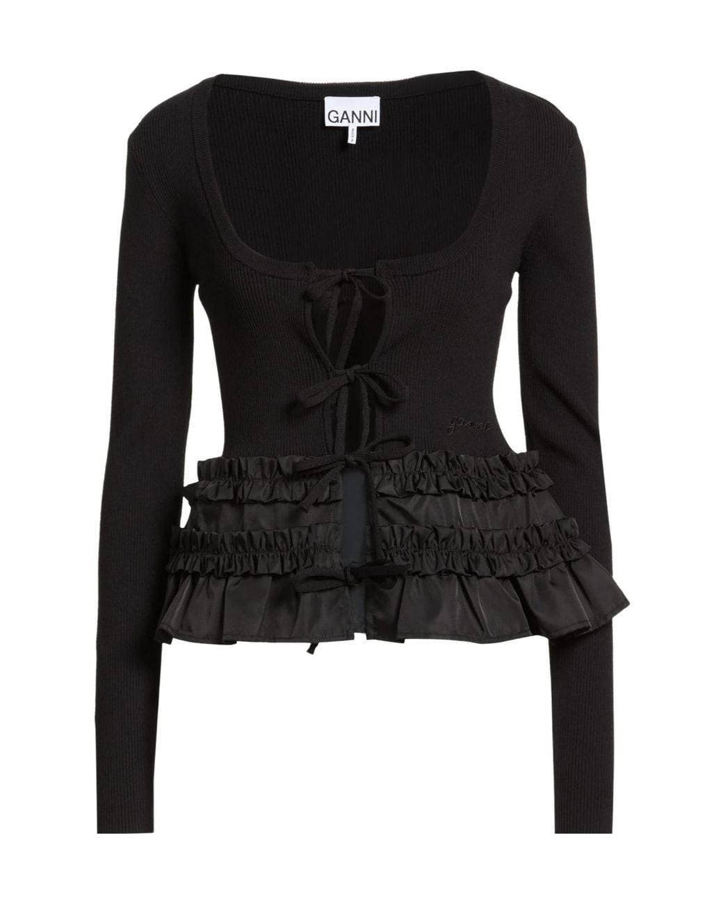 Ganni Black Solid Color Ribbed Long-Sleeved Top