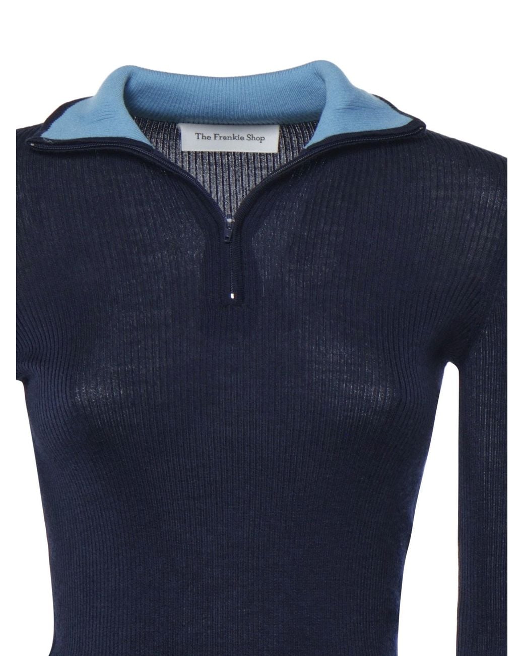 Frankie Shop Blue Ribbed Half-Zip Knitted Top