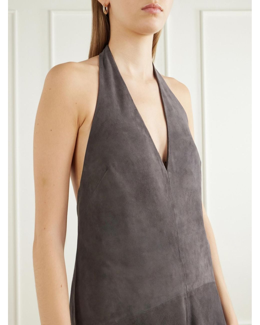 St. Agni Gray Paneled Suede Halter Midi Dress