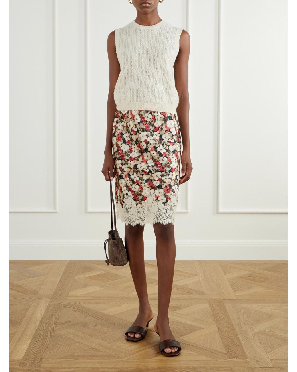 Doen White Floral-Print Lace-Trimmed Silk-Satin Midi Skirt