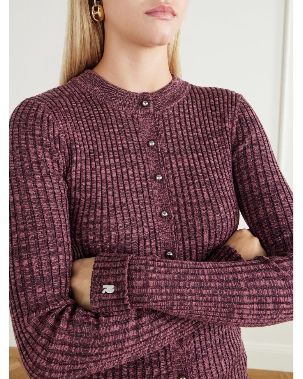 Rabanne Purple Ribbed-Knit Buttoned Cardigan