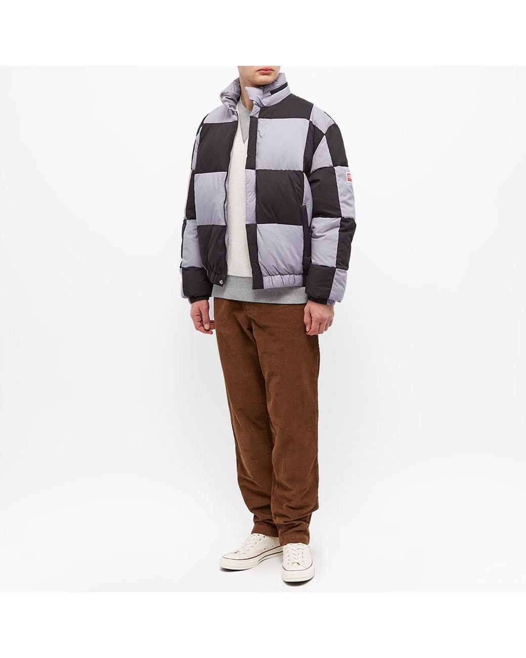 KENZO Gray Checked Boxy Padded Coat for men