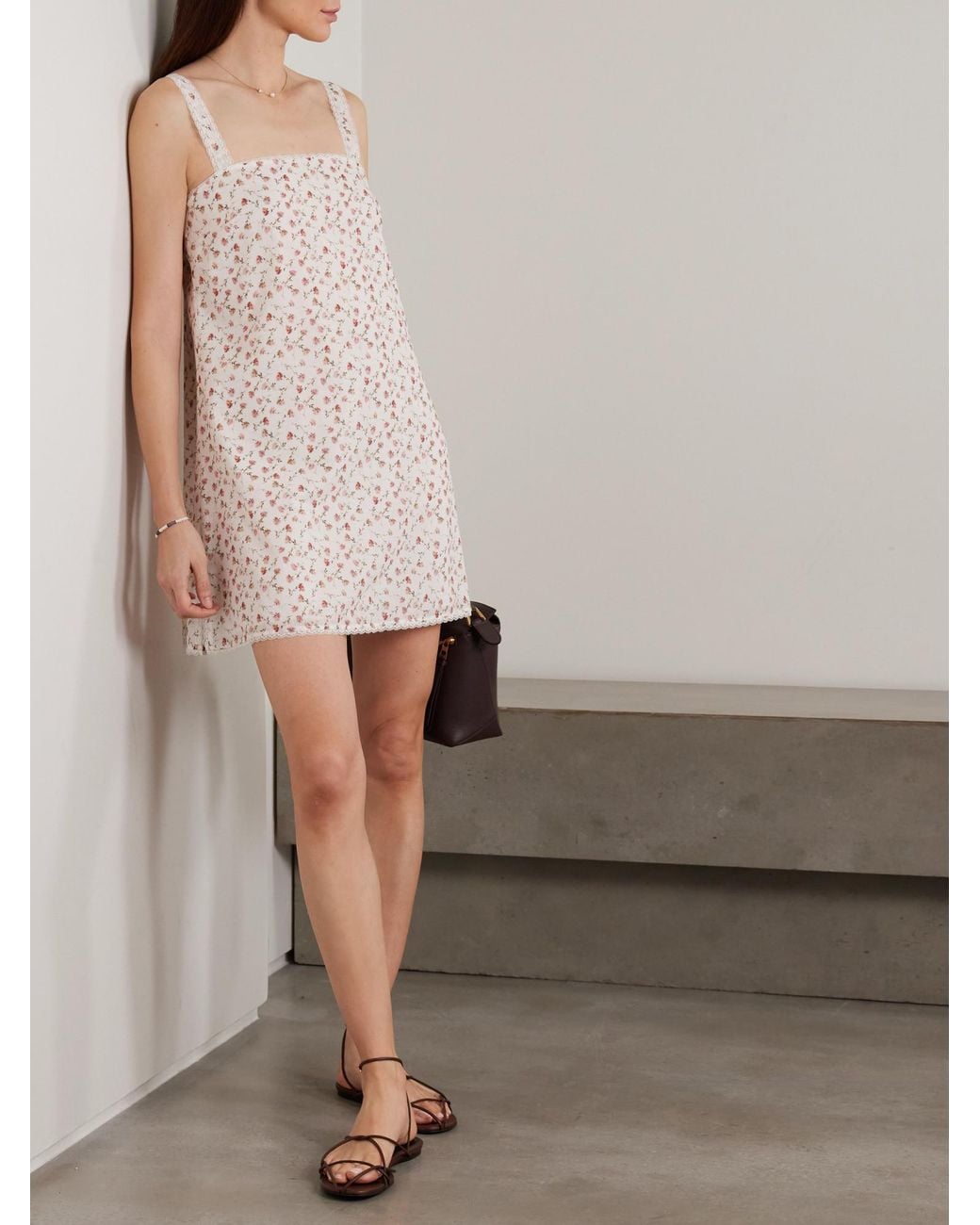 Posse Natural Lace-Trimmed Floral-Print Cotton Mini Dress