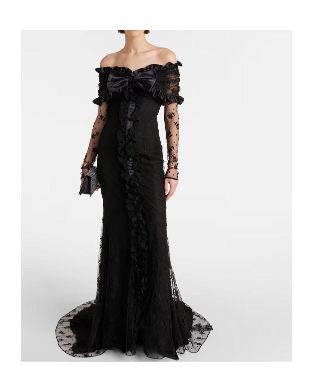 Alessandra Rich Black Bow-Decorated Ruffled Off-Shoulder Lace Dress