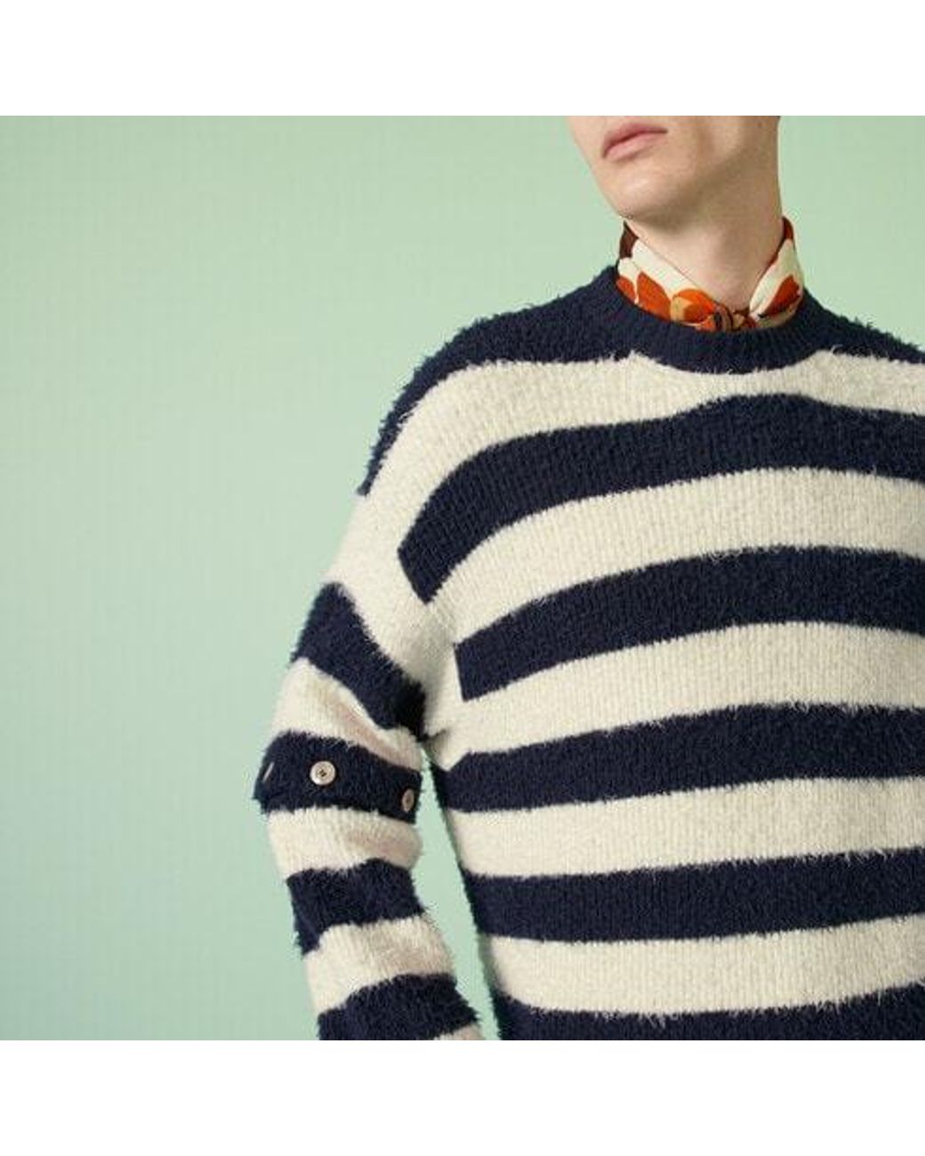 Gucci Blue Striped Crew-Neck Brushed Jumper for men