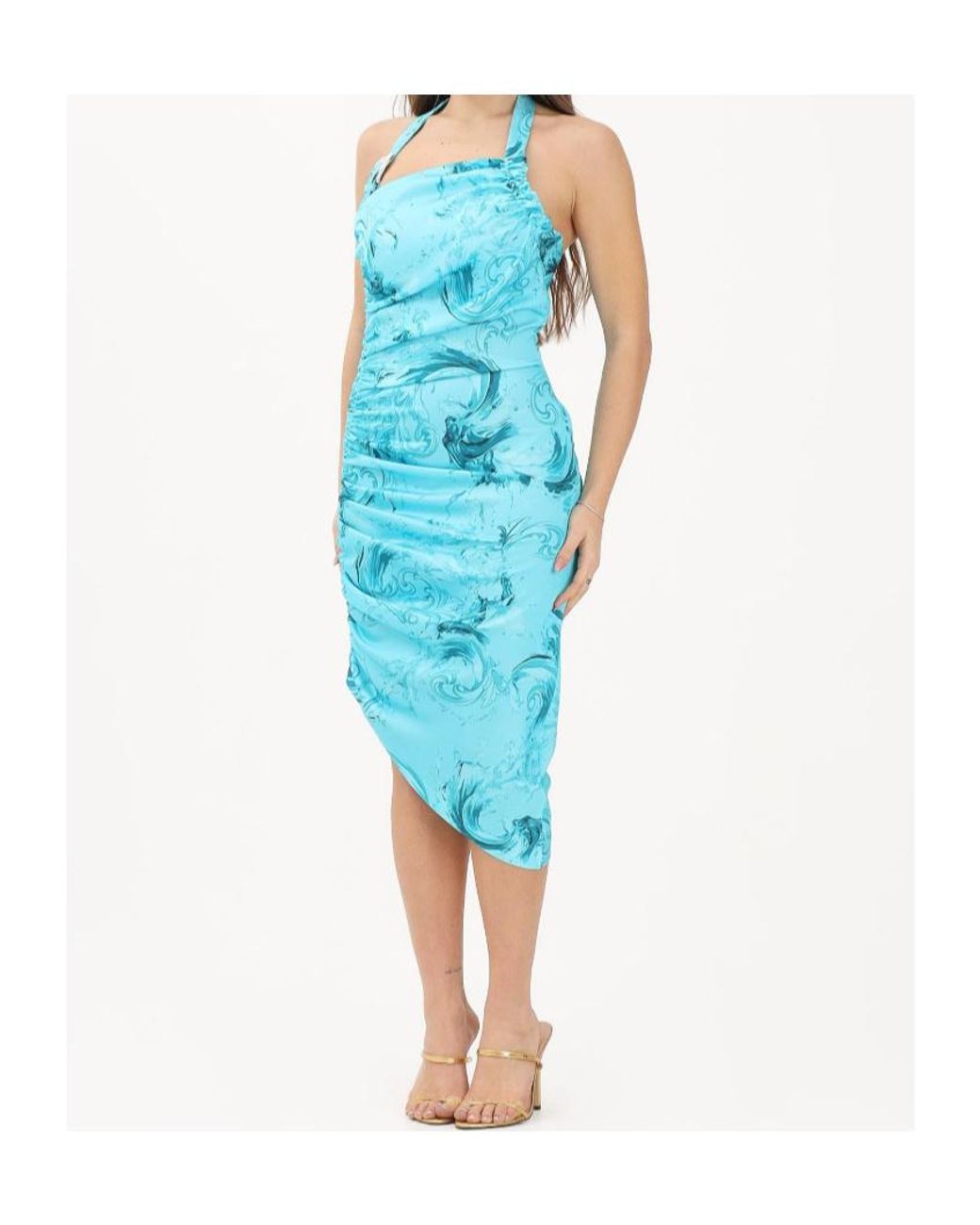 Versace Jeans Blue Couture Baroque One-Shoulder Dress