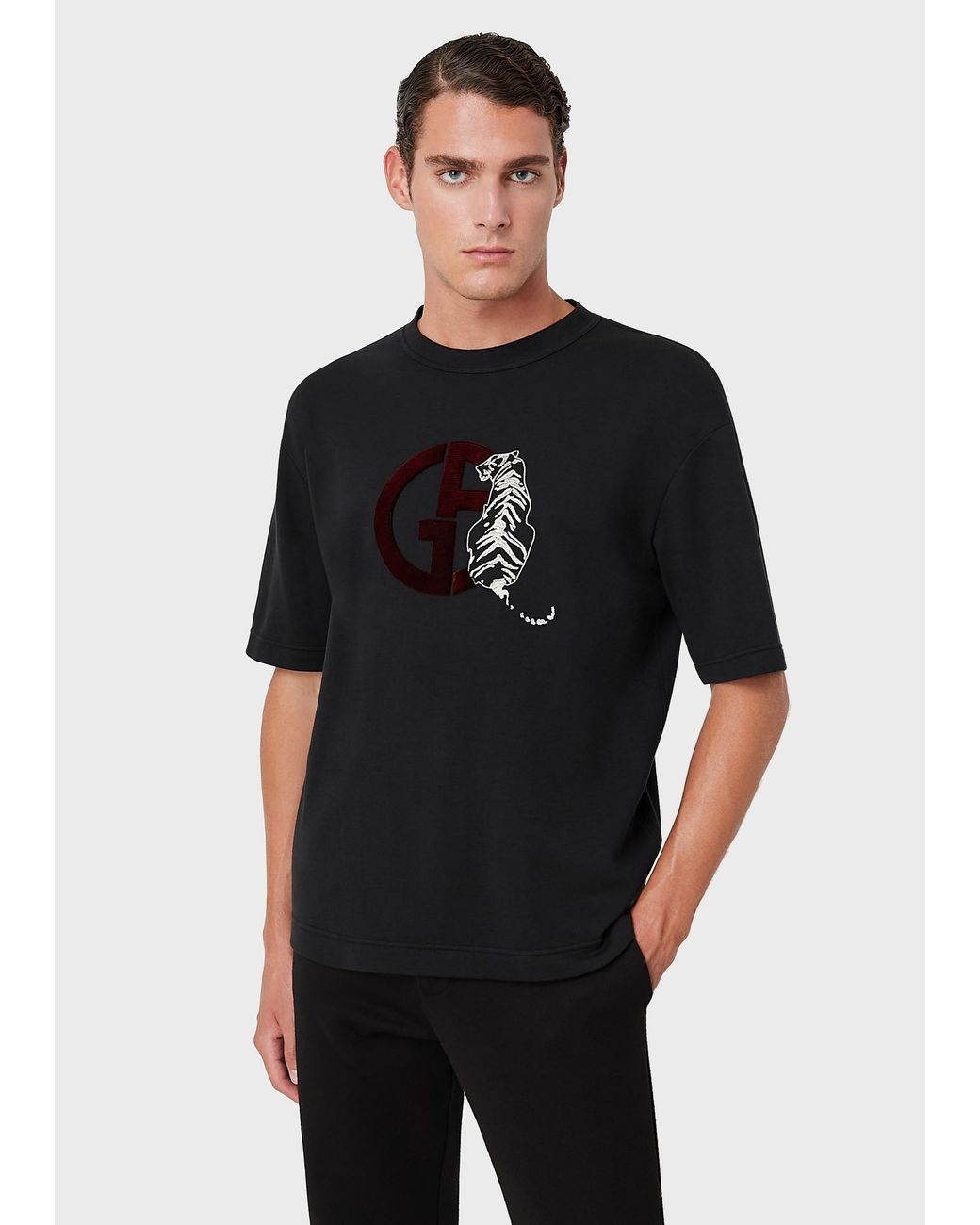 Giorgio Armani Black Embroidered Tiger Logo T-Shirt for men