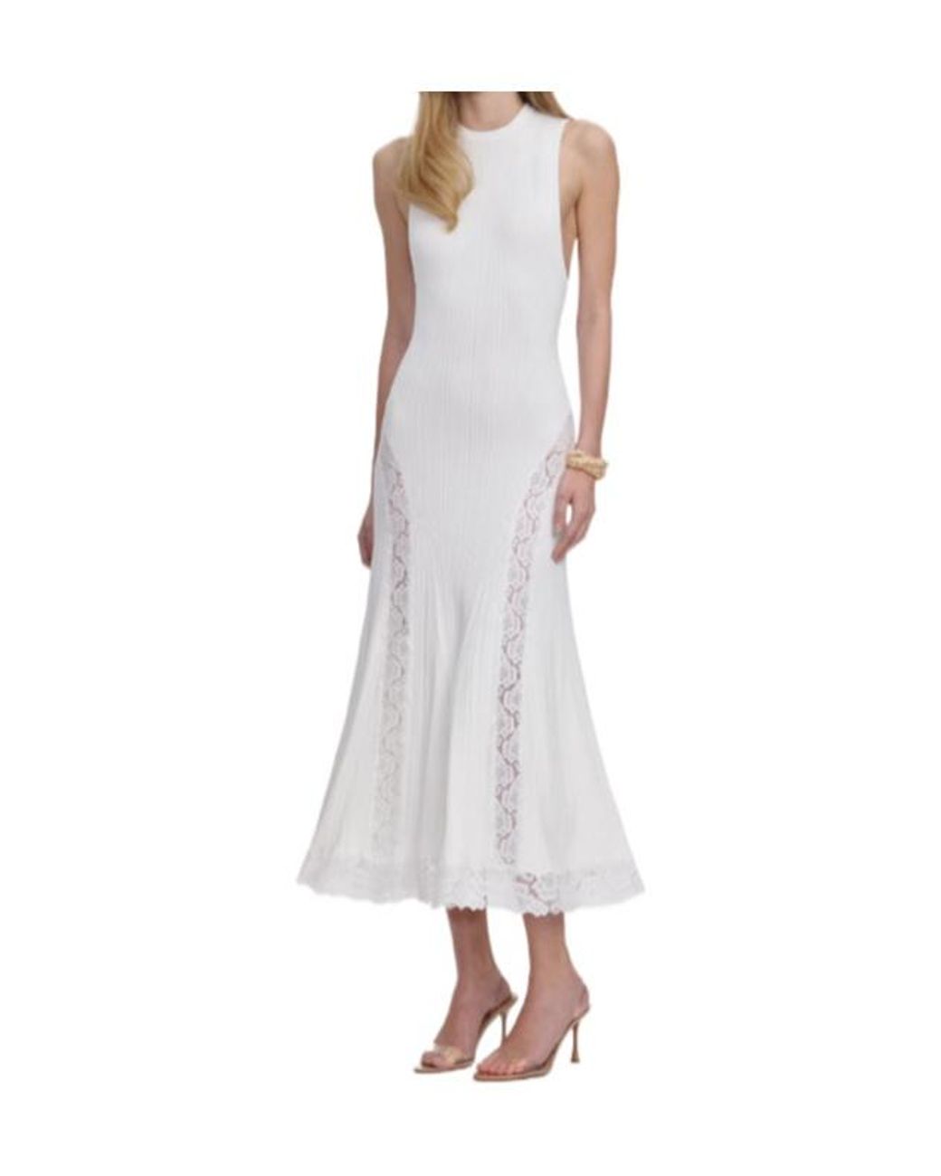 Self-Portrait White Lace-Panel Knitted Midi Dress