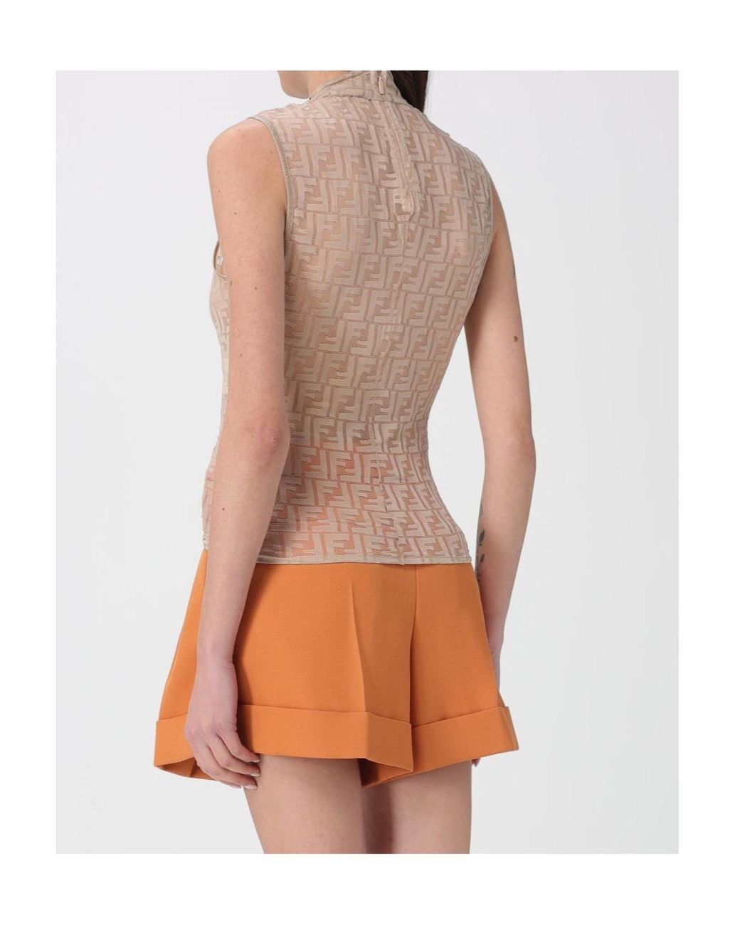 Fendi Natural Crewneck Sleeveless Top With All-Over Ff Motif And Rear Zip Closure