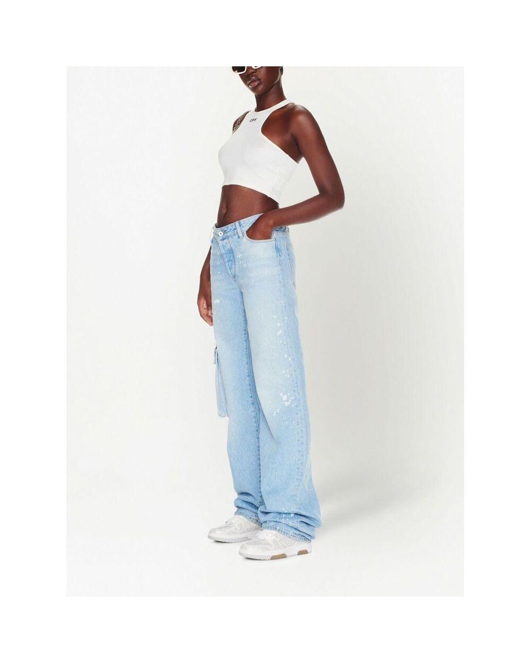 Off-White c/o Virgil Abloh Blue Toybox Painted Logo Patch Wide Leg Jeans
