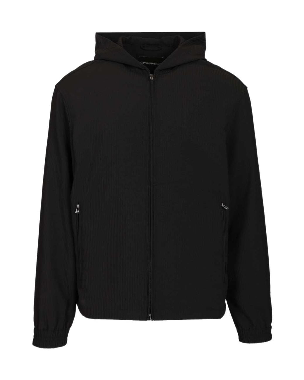 Emporio Armani Black Seersucker Hooded Zip Jacket for men