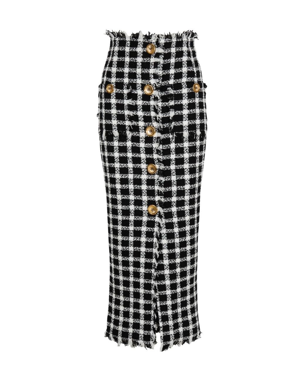 Balmain Black Gingham Tweed Long Skirt