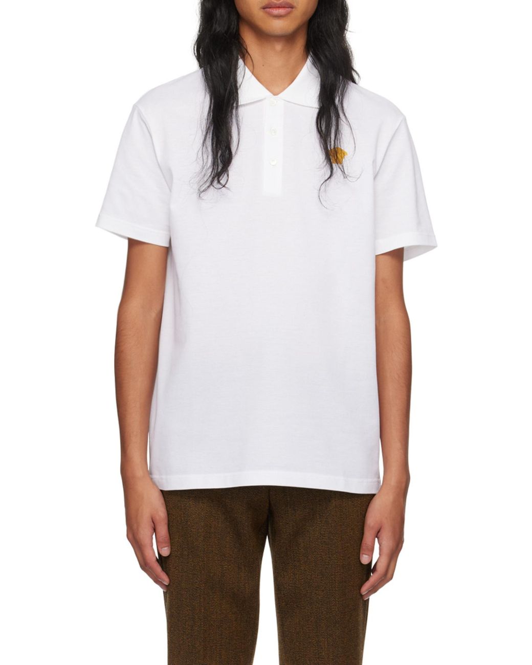 Versace White Medusa Logo Embroidered Short-Sleeved Polo Shirt for men
