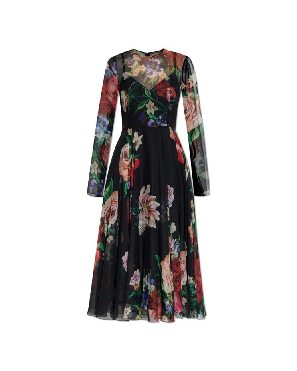 Dolce & Gabbana Black Floral Printed Chiffon Calf-Length Dress