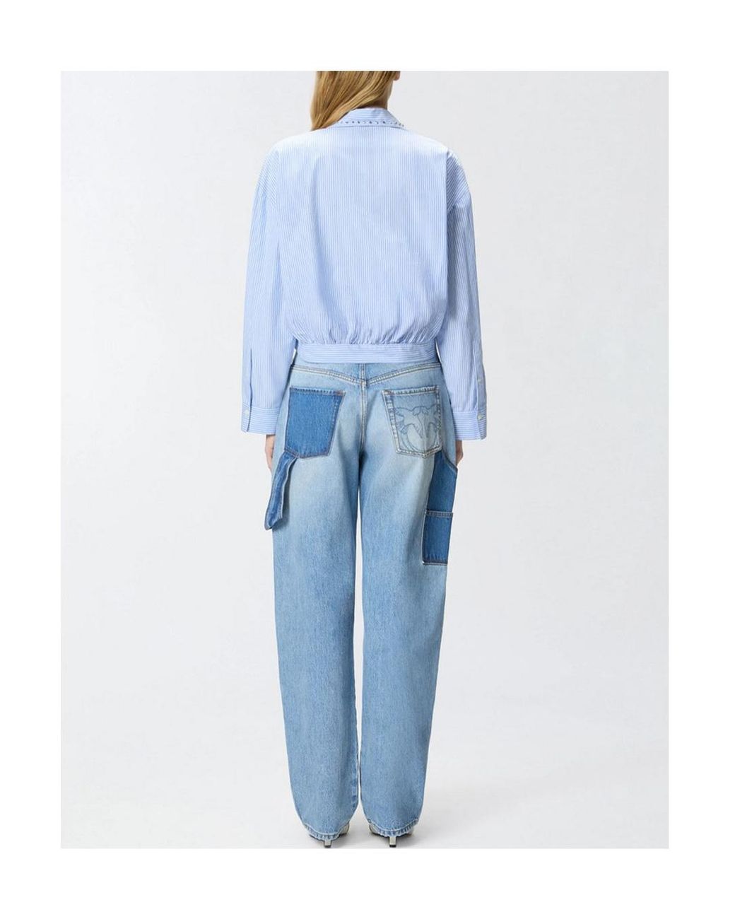 Pinko Blue Striped Rhinestone-Collar Cropped Top