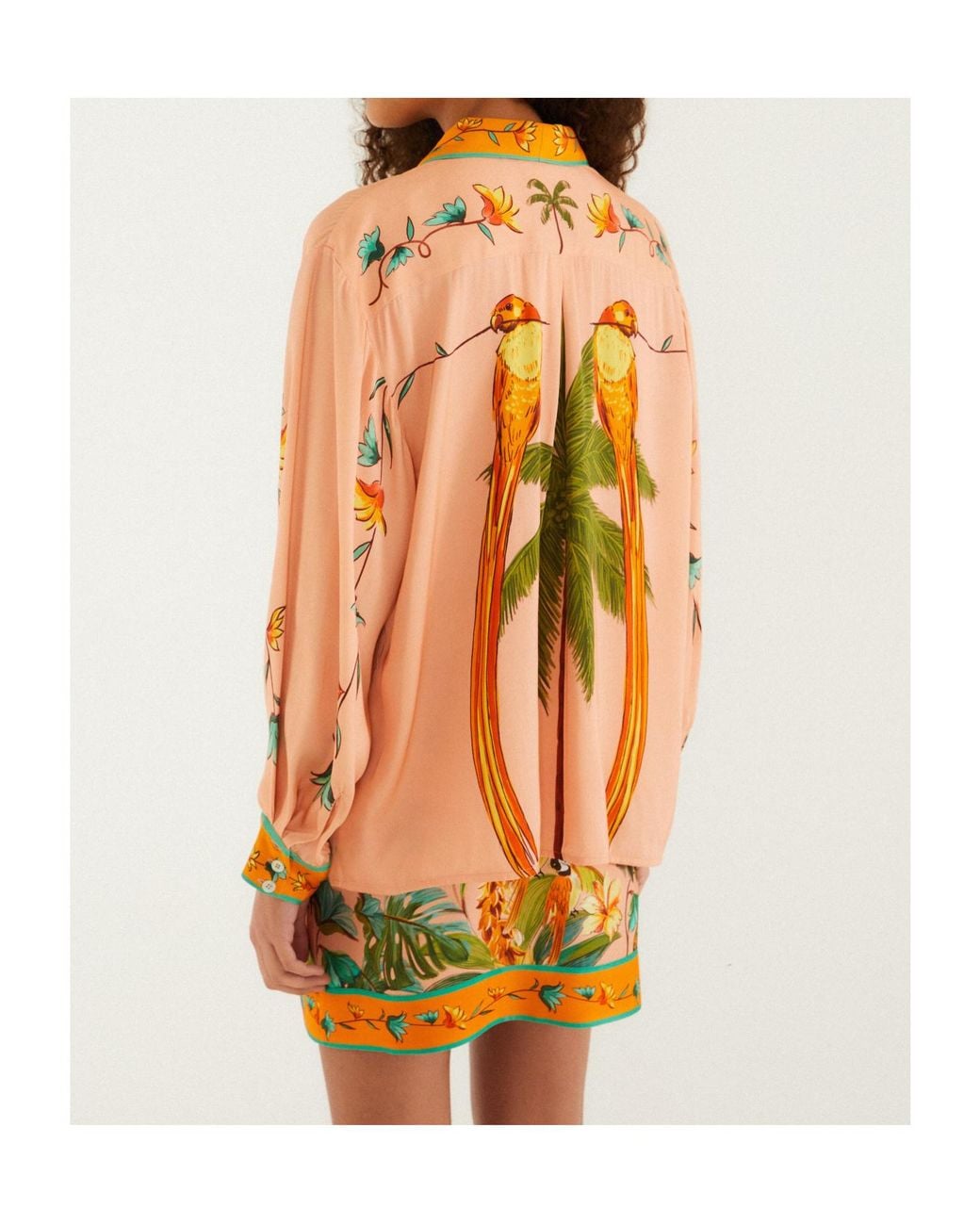 Farm Rio Yellow Birds-Print Long-Sleeve Shirt