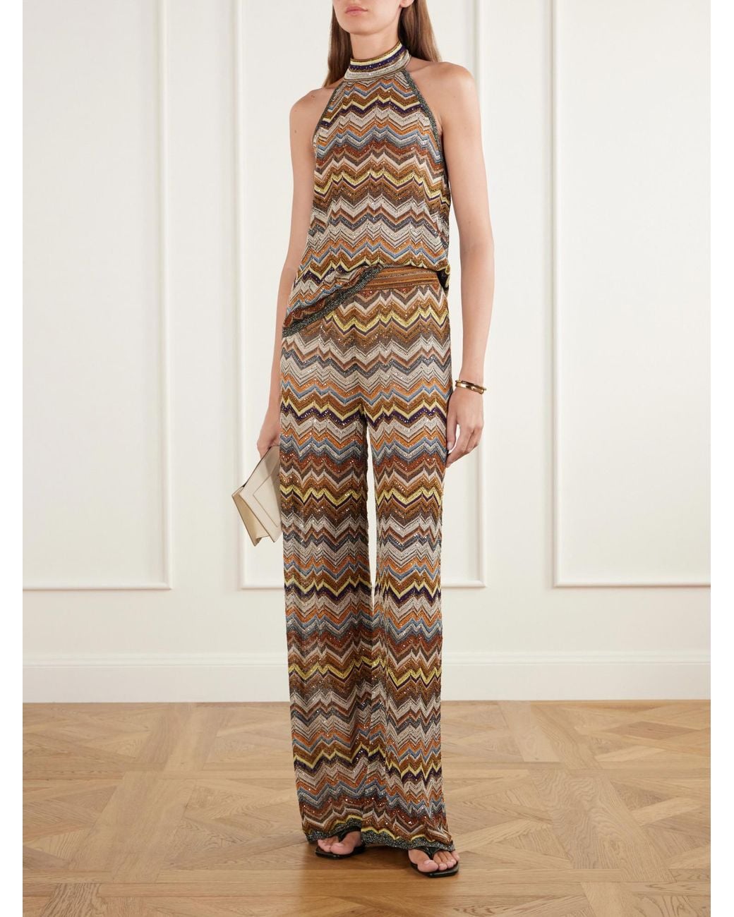Missoni Natural Sequined Metallic Crochet-Knit Wide-Leg Pants