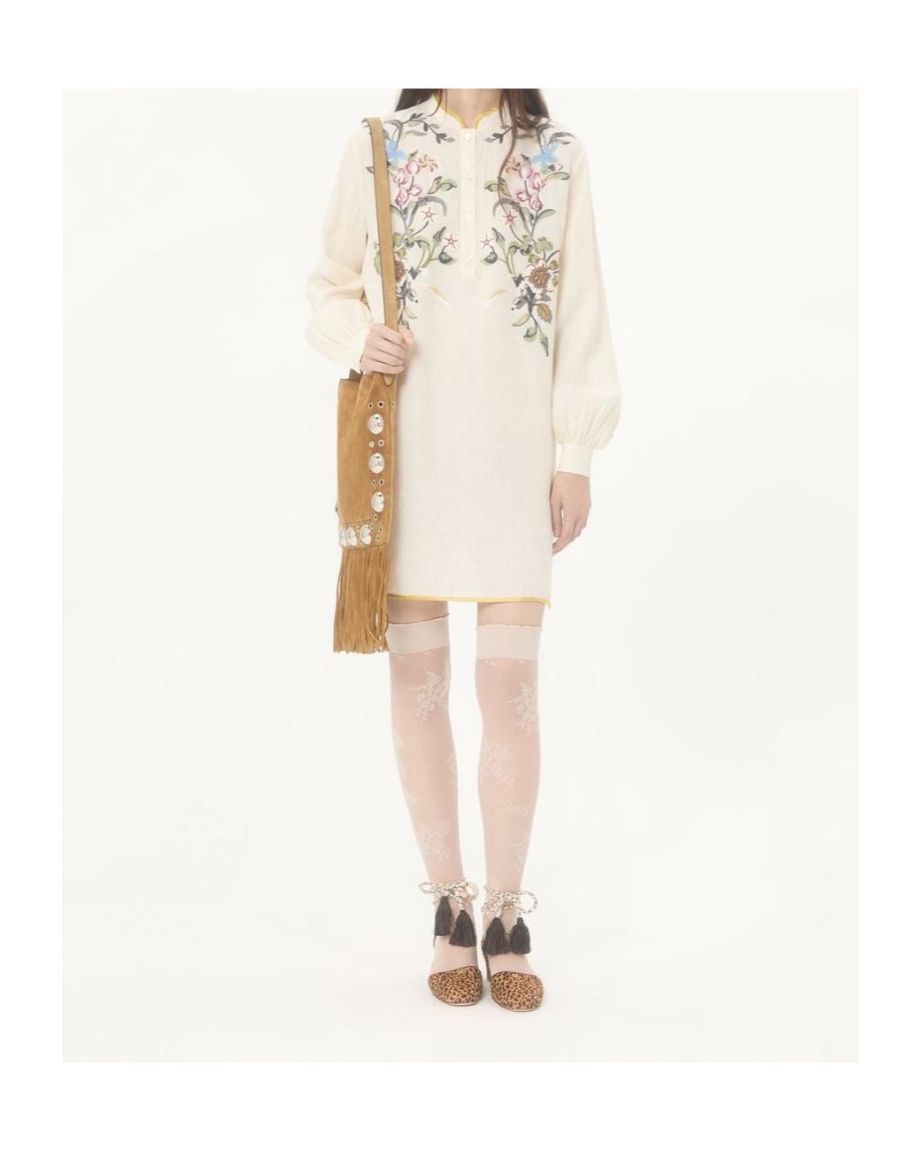 Valentino Natural Floral Patterned Long-Sleeved Mini Dress