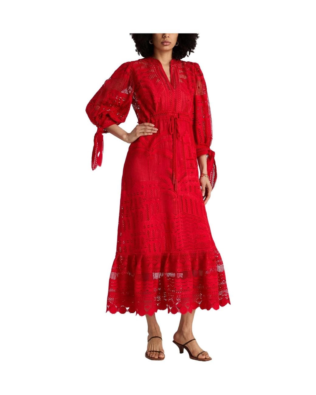 Farm Rio Red Long-Sleeved V-Neck Lace Dress