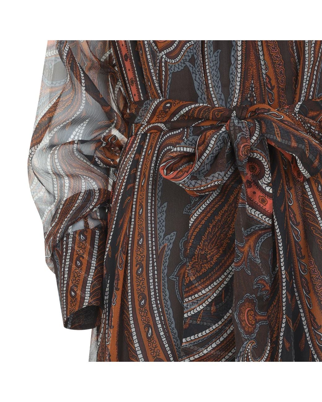 Etro Brown Paisley Print Maxi Silk Dress With Tie-Neck