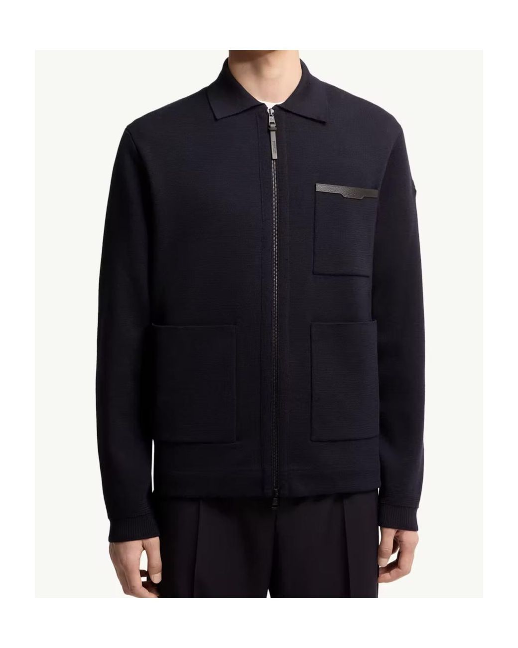 Moncler Blue Leather Logo Wool Zip-Up Cardigan for men