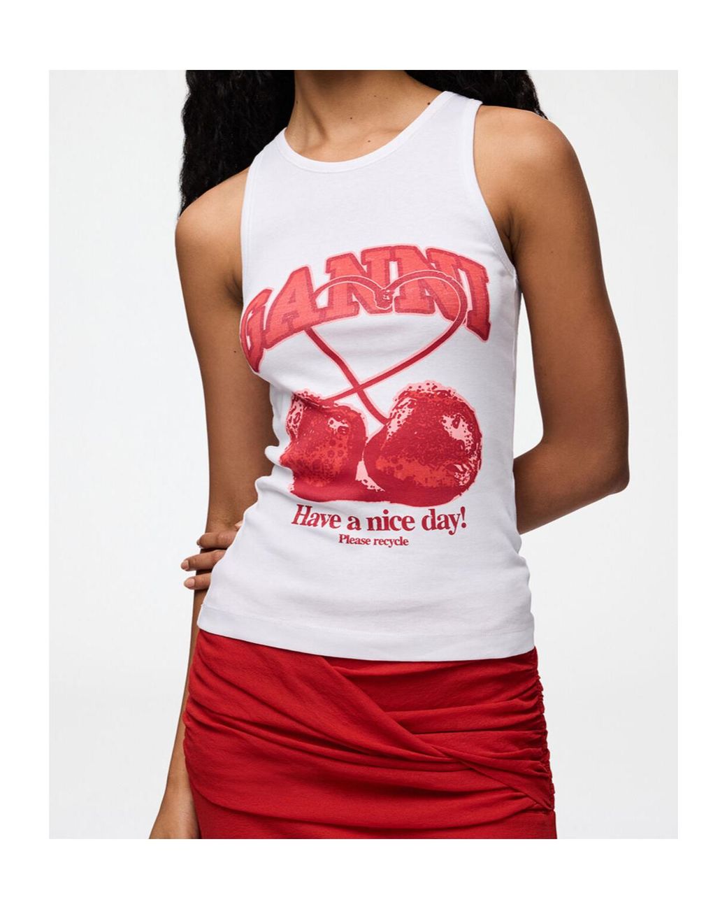 Ganni Red Cherries Graphic Ribbed Tank Top