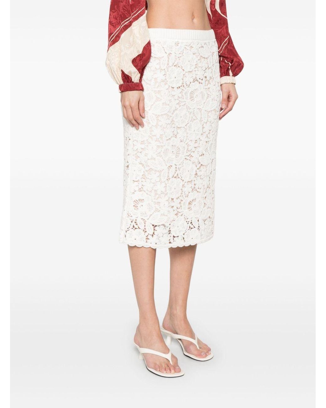 P.A.R.O.S.H. White Floral Embroidered Midi Skirt