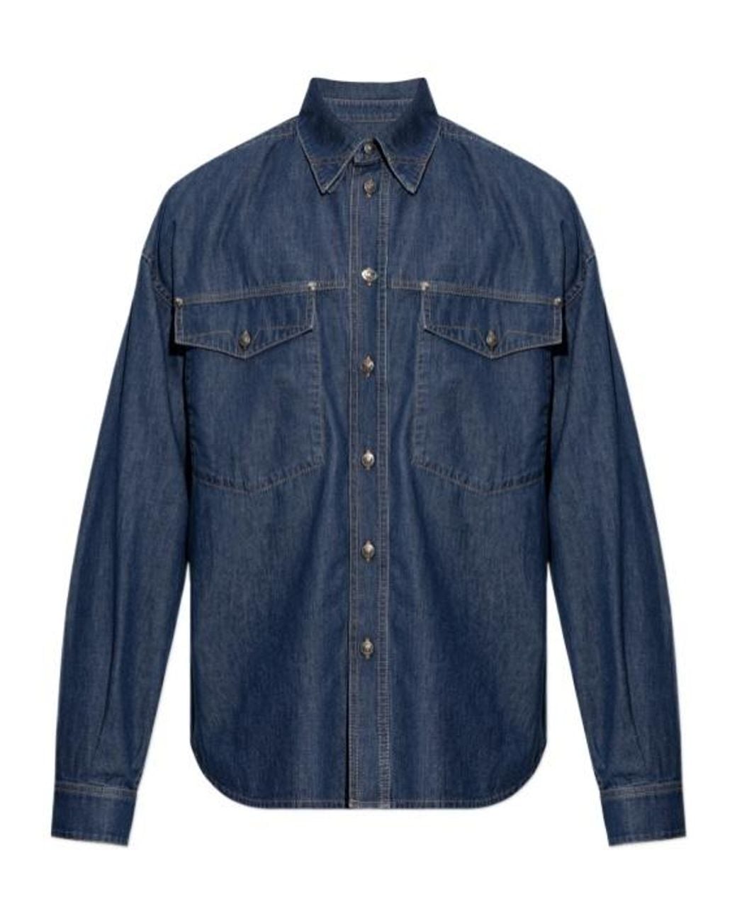 Versace Blue Logo-Embroidered Denim Shirt for men