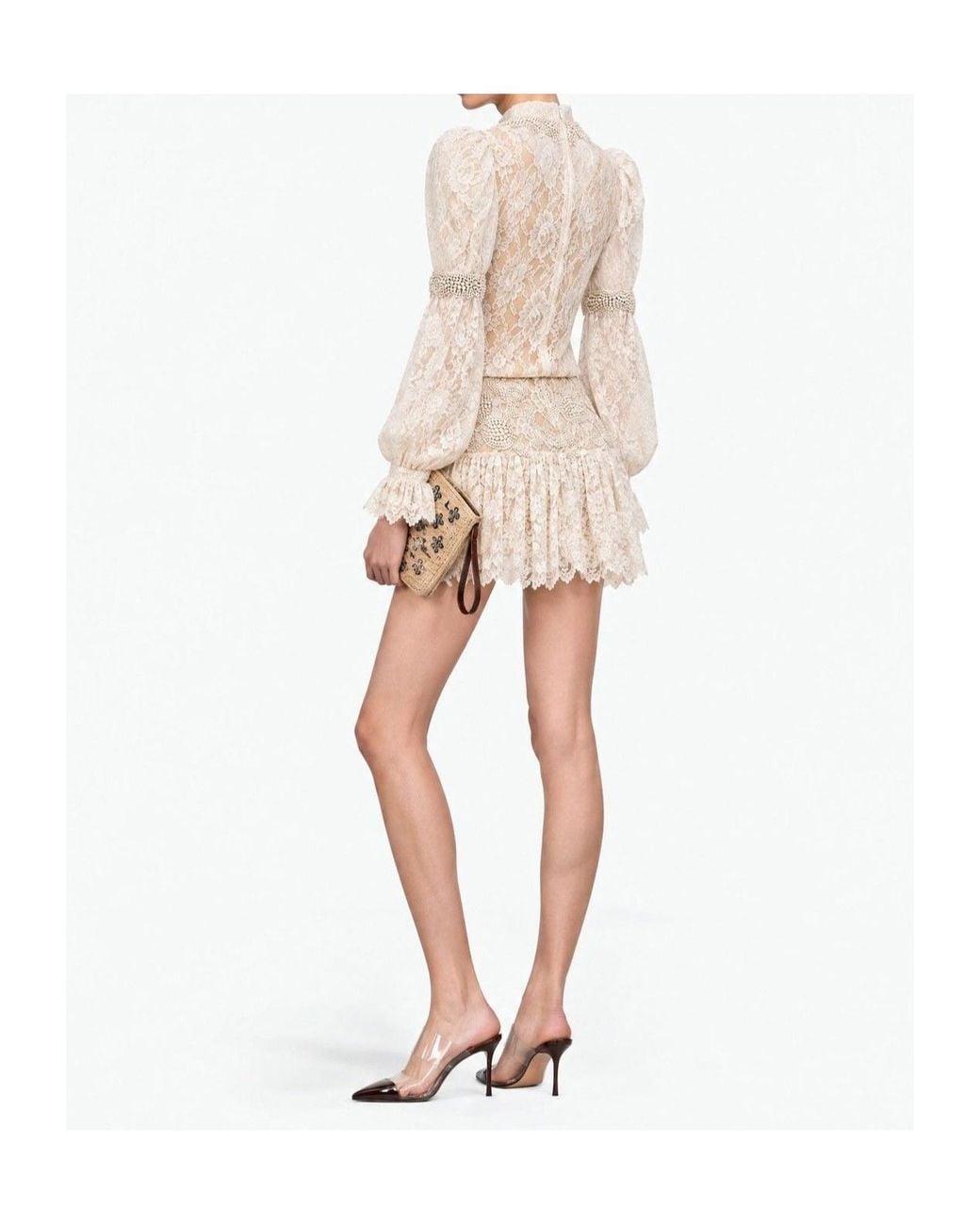 GIUSEPPE DI MORABITO Natural Long-Sleeved Lace Dress