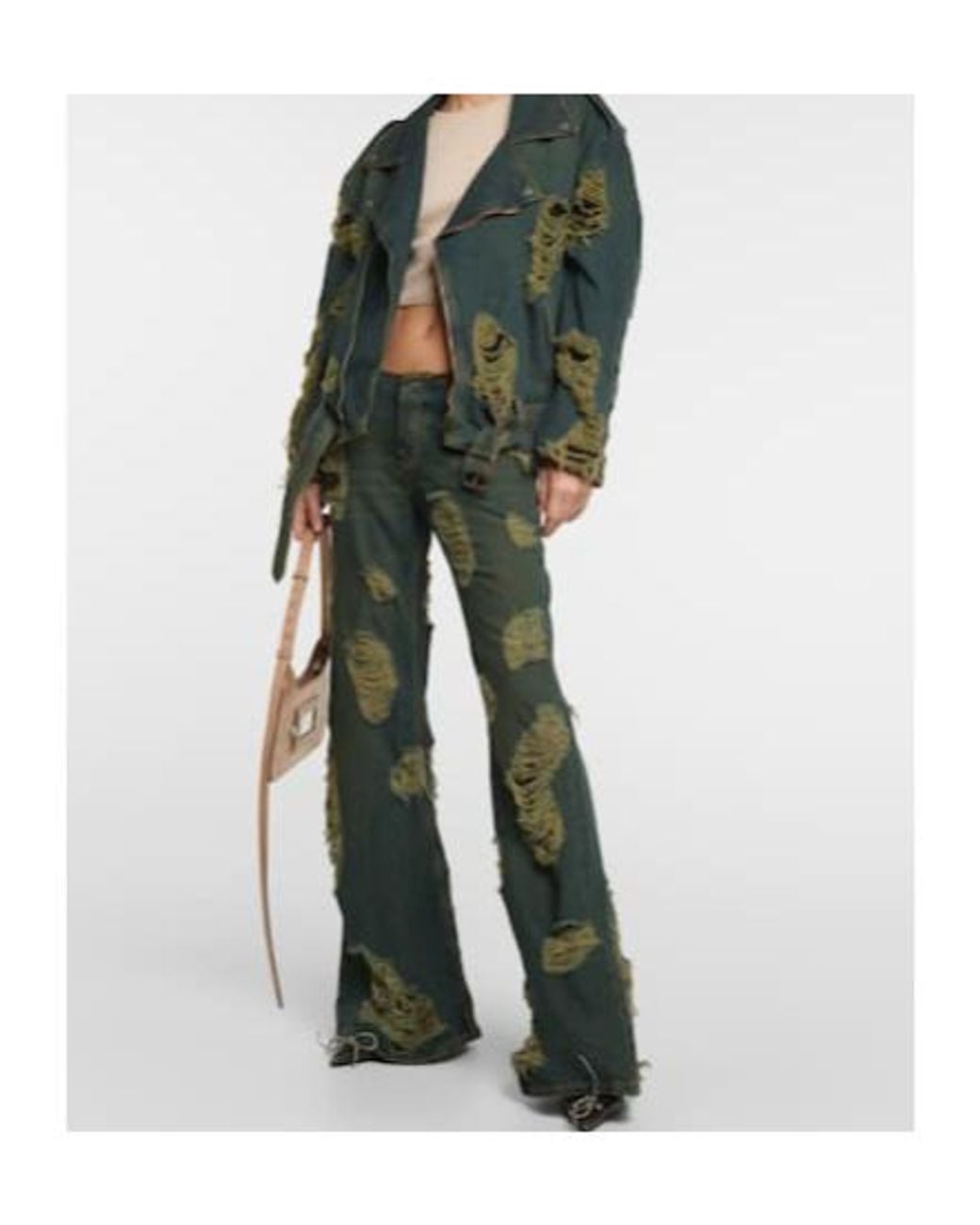 Acne Green Distressed Motorcycle Denim Jacket