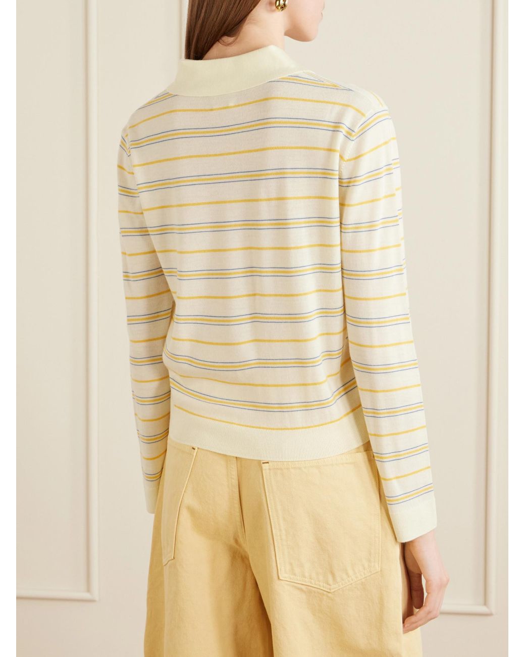 Leset White James Striped Merino Wool Polo Shirt