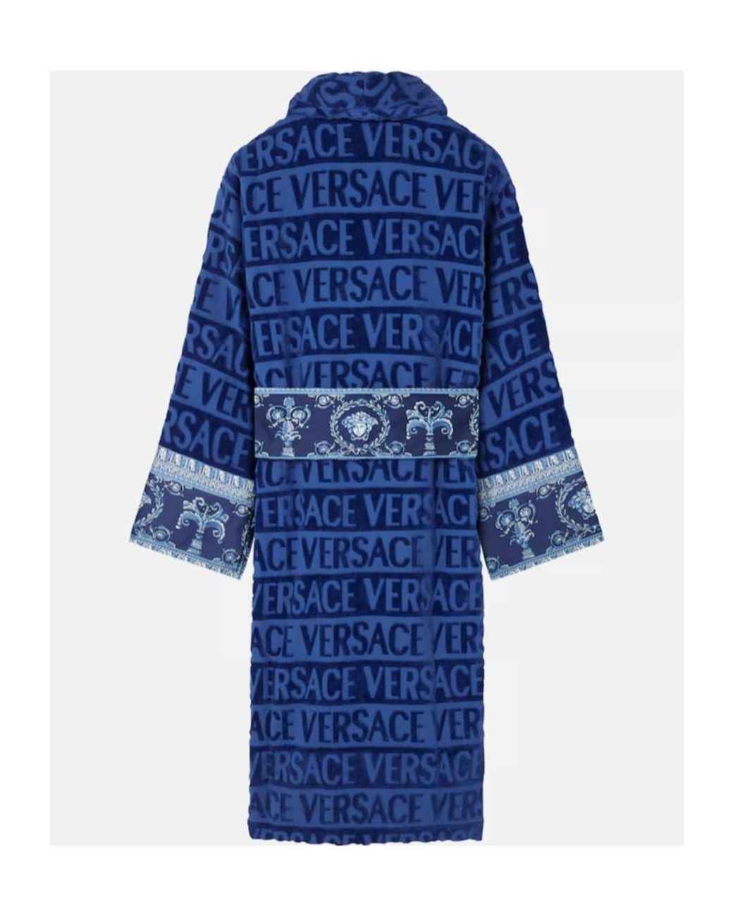 Versace Blue Logo-Print Belted Bathrobe for men