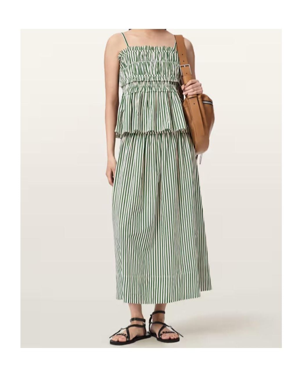 AllSaints Green Kali Smocked Stripe Skirt